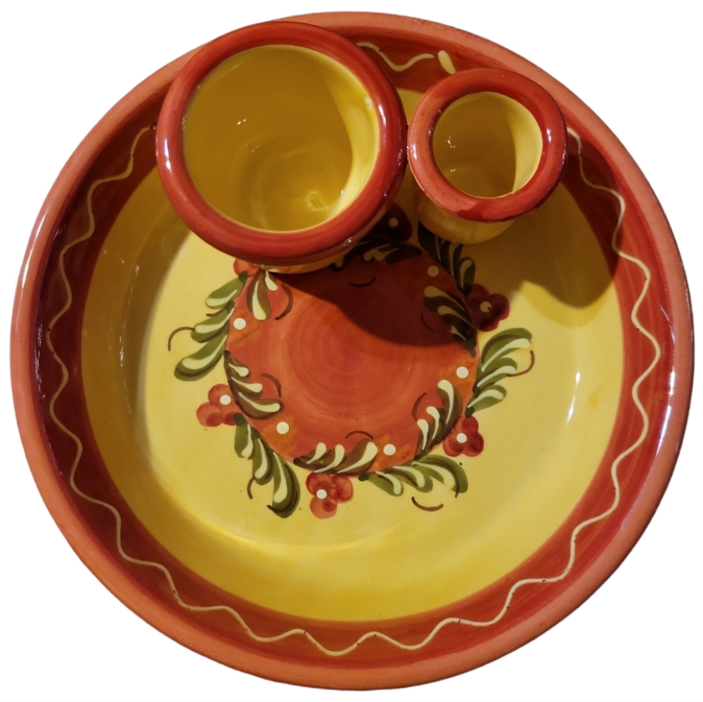 Vtg Olive Plate W/Pit & Pick Cups Hand Painted Spain Hacienda Myson